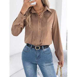 Women Plain Shawl Collar Long Sleeve Shirt Split Joint Casual Daily Spring/Fall Top