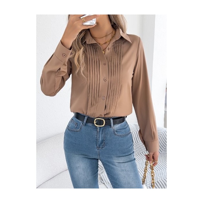 Women Plain Shawl Collar Long Sleeve Shirt Split Joint Casual Daily Spring/Fall Top