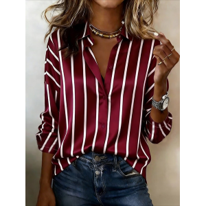 Women Striped Shawl Collar Long Sleeve Shirt Casual Daily Spring/Fall Top