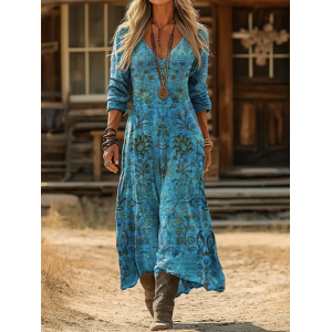 Women Floral Long Sleeve Spring/Fall Printing Dress V Neck Daily Vintage Maxi H-Line Dress