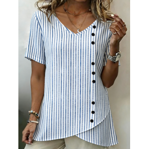 Women Striped V Neck Short Sleeve Shirt Vintage Daily Summer Top