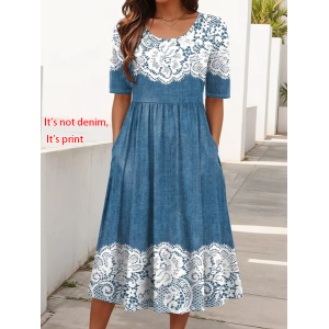 Women Floral Short Sleeve Crew Neck Printing Dress Daily Casual Maxi Shift Dress H-Line Summer Dress
