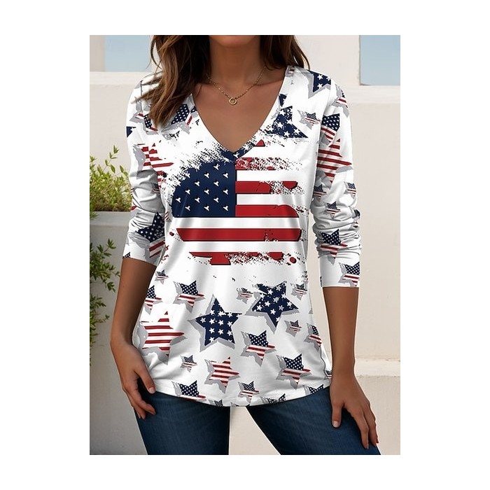 Women Striped Long Sleeve Tee T-shirt V Neck Elegant Spring/Fall Top