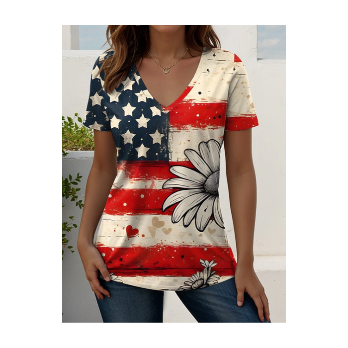 Women Star Short Sleeve Tee T-shirt V Neck Printing Vintage Summer Top