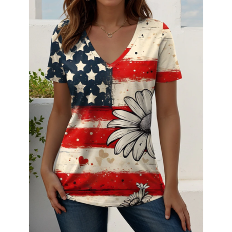 Women Star Short Sleeve Tee T-shirt V Neck Printing Vintage Summer Top