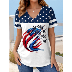 Women Plane Short Sleeve Tee T-shirt V Neck Printing Vintage Summer Top