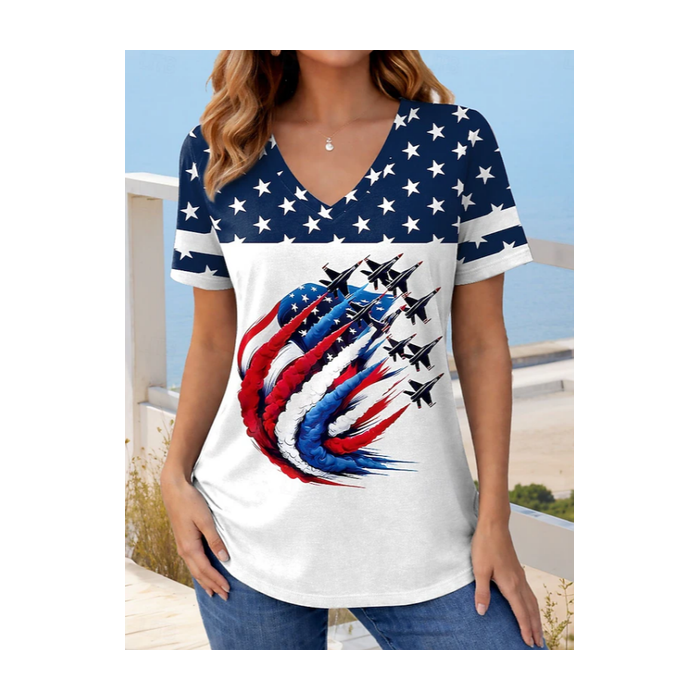 Women Plane Short Sleeve Tee T-shirt V Neck Printing Vintage Summer Top