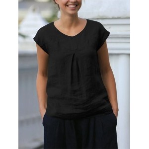 Women Plain Short Sleeve Tee T-shirt Crew Neck Split Joint Casual Summer Top