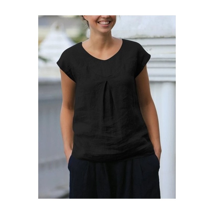 Women Plain Short Sleeve Tee T-shirt Crew Neck Split Joint Casual Summer Top