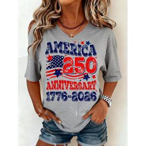 Women Independence Day (Flag) Short Sleeve Tee T-shirt Crew Neck Casual Summer Top