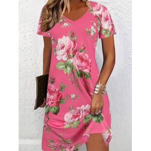 Women Floral Short Sleeve V Neck Printing Dress Daily Casual Midi Classic A-Line Summer Dress