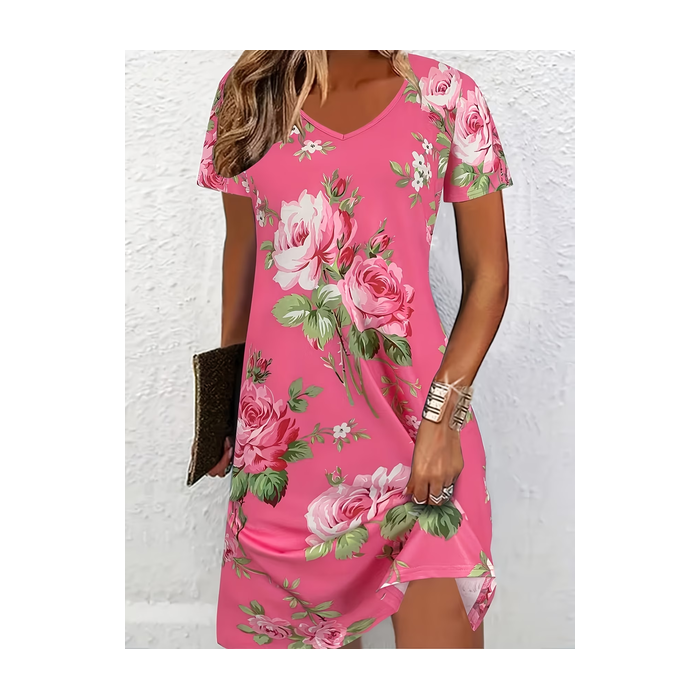 Women Floral Short Sleeve V Neck Printing Dress Daily Casual Midi Classic A-Line Summer Dress