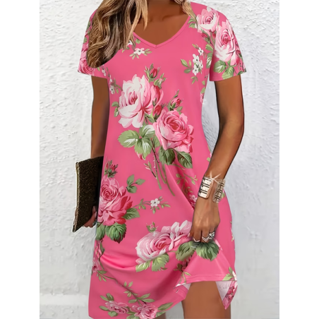 Women Floral Short Sleeve V Neck Printing Dress Daily Casual Midi Classic A-Line Summer Dress
