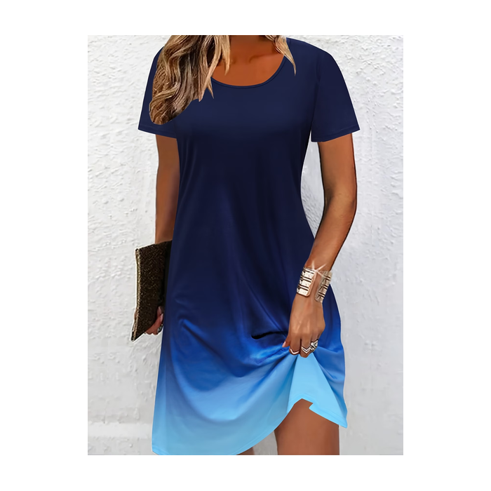 Women Ombre Short Sleeve Crew Neck Printing Dress Daily Casual Midi T-Shirt Dress A-Line Summer Dress