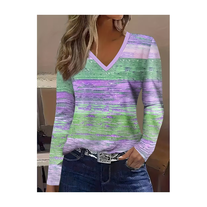 Women Abstract Long Sleeve Tee T-shirt V Neck Printing Casual Spring/Fall Graphic Tee Top