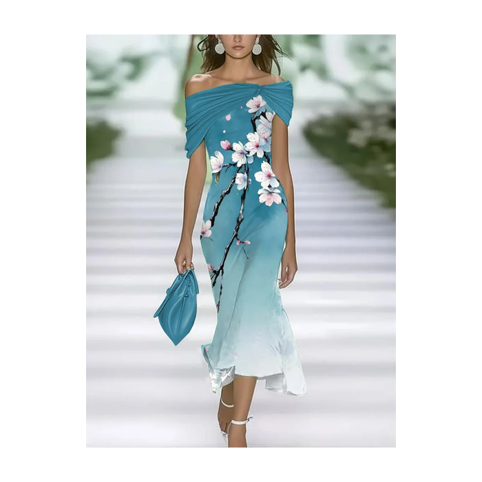 Women Floral Cap Sleeve Cold Shoulder Printing Dress Daily Vintage Maxi H-Line Summer Dress