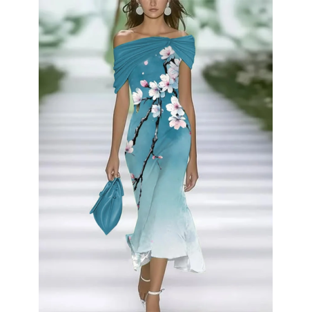 Women Floral Cap Sleeve Cold Shoulder Printing Dress Daily Vintage Maxi H-Line Summer Dress