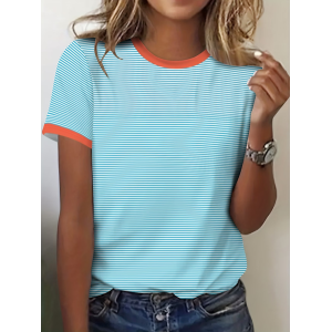 Women Striped Short Sleeve Tee T-shirt Crew Neck Printing Casual Graphic Tee Summer Top