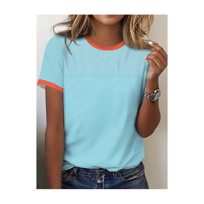 Women Striped Short Sleeve Tee T-shirt Crew Neck Printing Casual Graphic Tee Summer Top