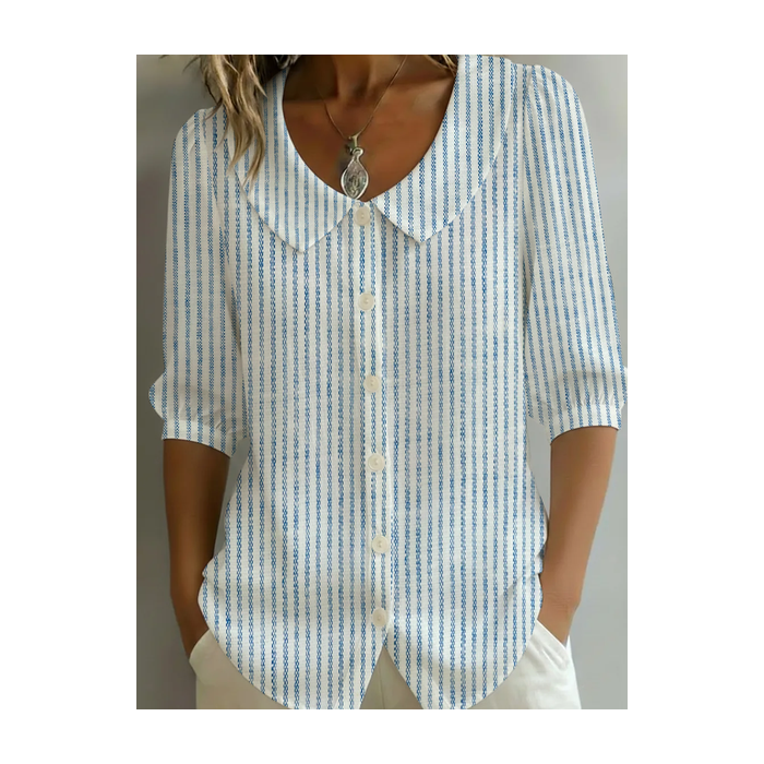 Women Striped Shawl Collar Half Sleeve Shirt Printing Casual Daily Summer Top