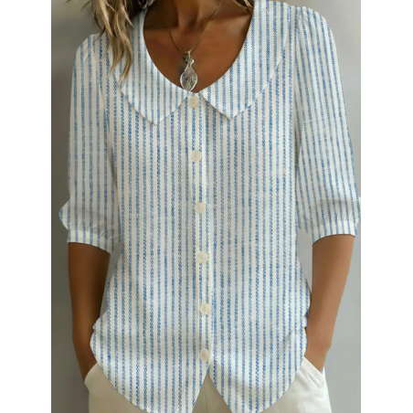 Women Striped Shawl Collar Half Sleeve Shirt Printing Casual Daily Summer Top