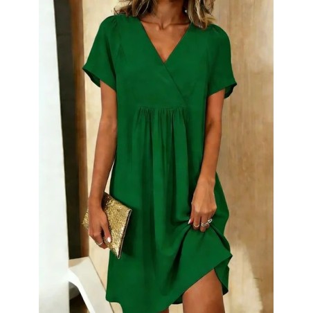 Women Plain Short Sleeve V Neck Split Joint Dress Daily Casual Midi Tank A-Line Summer Dress