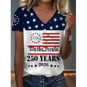 Women Text Letters Short Sleeve Tee T-shirt V Neck Printing Vintage Summer Top