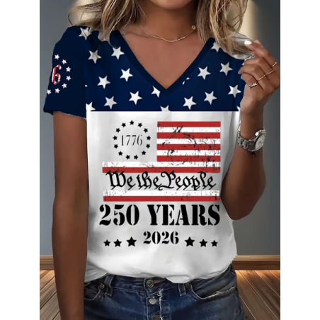 Women Text Letters Short Sleeve Tee T-shirt V Neck Printing Vintage Summer Top