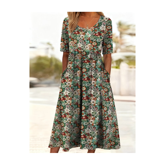 Women Floral Short Sleeve Crew Neck Printing Dress Daily Casual Maxi Shift Dress H-Line Summer Dress