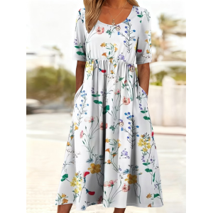 Women Floral Short Sleeve Crew Neck Printing Dress Daily Casual Maxi Shift Dress H-Line Summer Dress