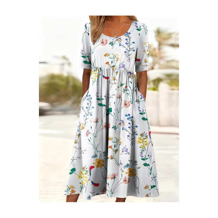 Women Floral Short Sleeve Crew Neck Printing Dress Daily Casual Maxi Shift Dress H-Line Summer Dress