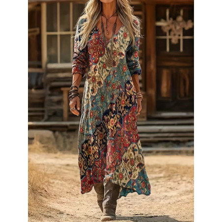 Women Abstract Long Sleeve Spring/Fall Printing Dress V Neck Daily Vintage Maxi H-Line Dress