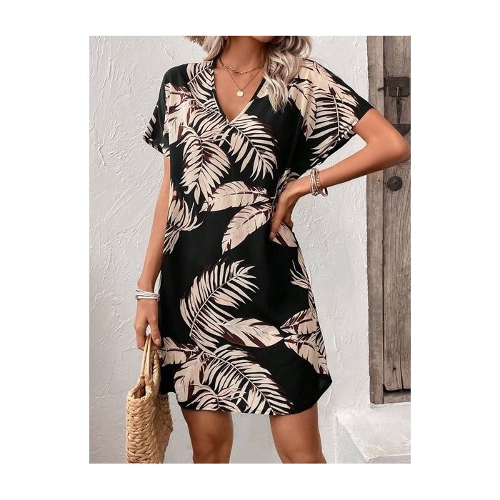 Women Plants Short Sleeve V Neck Printing Dress Daily Casual Midi T-Shirt Dress A-Line Summer Dress