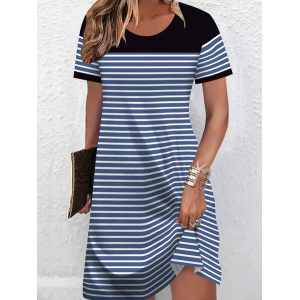 Women Striped Short Sleeve Crew Neck Printing Dress Daily Casual Midi T-Shirt Dress A-Line Summer Dress