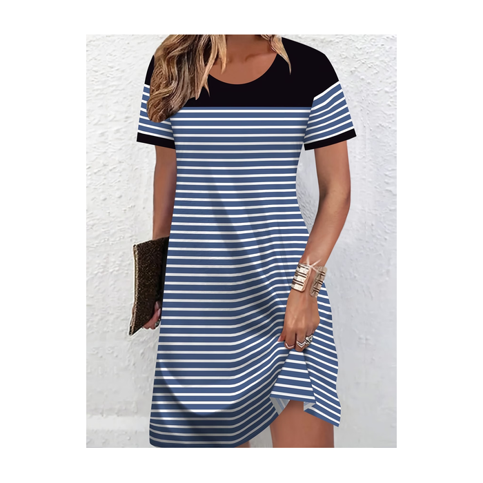 Women Striped Short Sleeve Crew Neck Printing Dress Daily Casual Midi T-Shirt Dress A-Line Summer Dress