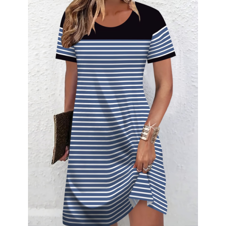Women Striped Short Sleeve Crew Neck Printing Dress Daily Casual Midi T-Shirt Dress A-Line Summer Dress