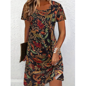 Women Floral Short Sleeve Crew Neck Printing Dress Daily Casual Midi T-Shirt Dress A-Line Summer Dress