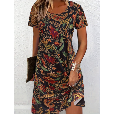 Women Floral Short Sleeve Crew Neck Printing Dress Daily Casual Midi T-Shirt Dress A-Line Summer Dress