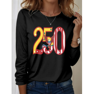 Women Independence Day (Flag) Long Sleeve Tee T-shirt Crew Neck Printing Casual Graphic Tee Spring/Fall Top