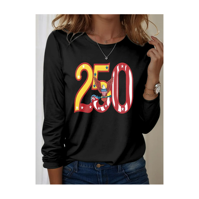 Women Independence Day (Flag) Long Sleeve Tee T-shirt Crew Neck Printing Casual Graphic Tee Spring/Fall Top