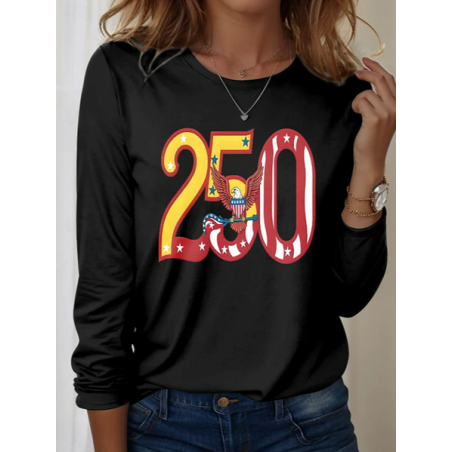 Women Independence Day (Flag) Long Sleeve Tee T-shirt Crew Neck Printing Casual Graphic Tee Spring/Fall Top