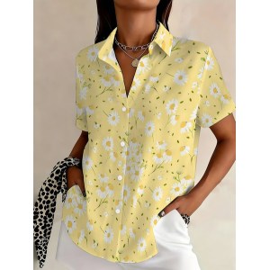 Women Floral Shirt Collar Short Sleeve Shirt Printing Casual Daily Summer Top