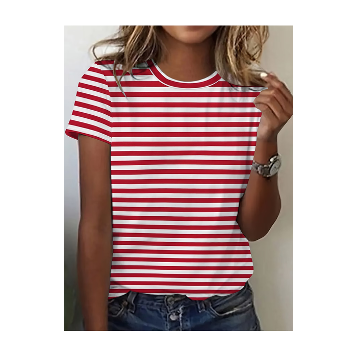 Women Striped Short Sleeve Tee T-shirt Crew Neck Printing Casual Graphic Tee Summer Top