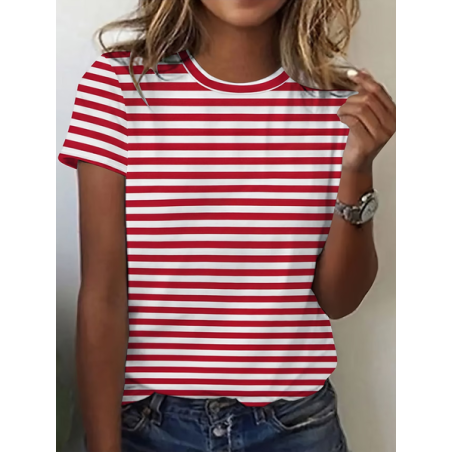 Women Striped Short Sleeve Tee T-shirt Crew Neck Printing Casual Graphic Tee Summer Top