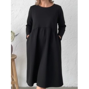 Women Plain Long Sleeve Crew Neck Split Joint Dress Daily Casual Knee Length A-Line Summer Dress