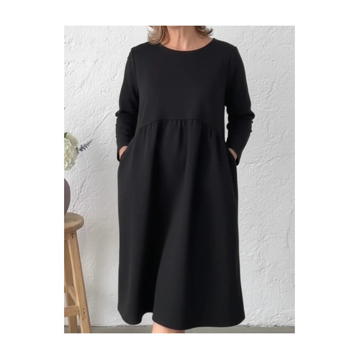 Women Plain Long Sleeve Crew Neck Split Joint Dress Daily Casual Knee Length A-Line Summer Dress