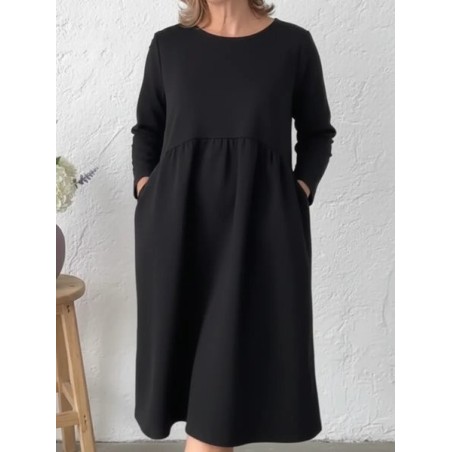 Women Plain Long Sleeve Crew Neck Split Joint Dress Daily Casual Knee Length A-Line Summer Dress