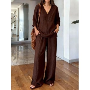 Women Plain Split Joint Two-Piece Set Daily Long Sleeve Casual Spring/Fall Top With Pants Matching Set