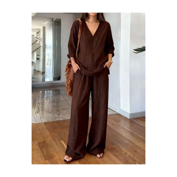 Women Plain Split Joint Two-Piece Set Daily Long Sleeve Casual Spring/Fall Top With Pants Matching Set