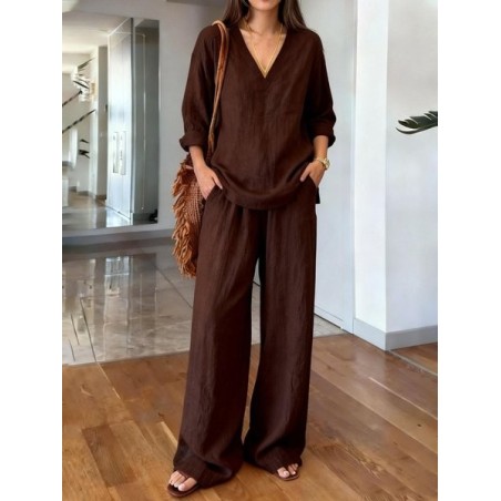 Women Plain Split Joint Two-Piece Set Daily Long Sleeve Casual Spring/Fall Top With Pants Matching Set